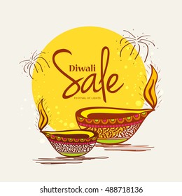 Creative sale banner or sale poster with line art decorated floral diya  for festival of diwali celebration background.