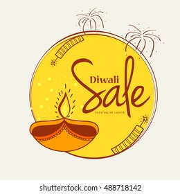 Creative sale banner or sale poster with line art decorated diya  for festival of diwali celebration background.