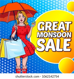 Creative Sale Banner or Sale Poster Of Monsoon Season in Pop art style. Surprised pretty girl holding umbrella and shopping bags in one hand and smartphone in the other. 