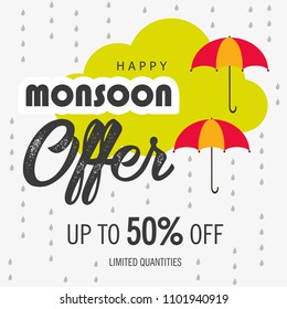 Creative Sale Banner Or Sale Poster Of Monsoon Season With Colorful Umbrella,rain drop,Text Space Background rainy elements with
hand lettering text for promotion, flyer and greetings.