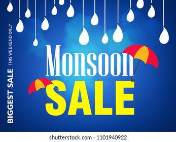 Creative Sale Banner Or Sale Poster Of Monsoon Season With Colorful Umbrella,rain drop,Text Space Background rainy elements with
hand lettering text for promotion, flyer and greetings.