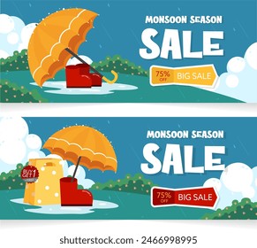 Creative Sale Banner Or Sale Poster Of Monsoon Season. Discount, Offers. monsoon season background. rainy day concept. rainy season. rainy background. rain. Umbrella. template, Vector illustration..