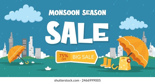 Creative Sale Banner Or Sale Poster Of Monsoon Season. Raining day on the city. Rainy season monsoon background with umbrellas, rain, shopping bag. Vector illustration..