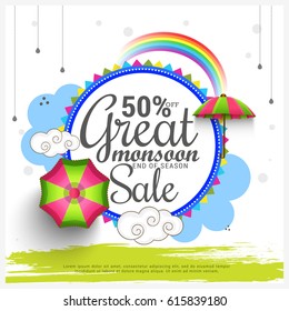 Creative Sale Banner Or Sale Poster Of Monsoon Season With Colorful Umbrella,Text Space Background.