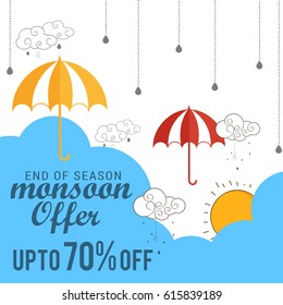 Creative Sale Banner Or Sale Poster Of Monsoon Season With Colorful Line Art Umbrella,Text Space Background.