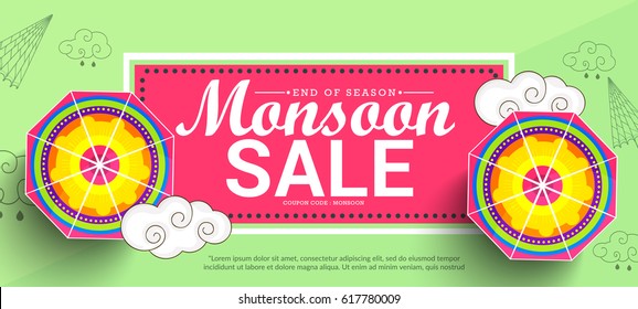 Creative Sale Banner Or Sale Poster Of Monsoon Season With Colorful Umbrella,Text Space Background.