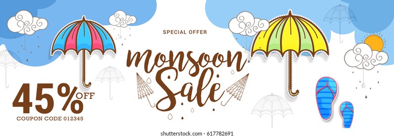 Creative Sale Banner Or Sale Poster Of Monsoon Season With Colorful Line Art Umbrella,Text Space Background.