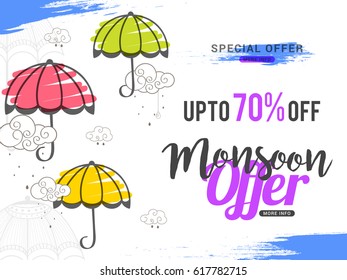 Creative Sale Banner Or Sale Poster Of Monsoon Season With Colorful Line Art Umbrella,Text Space Background.