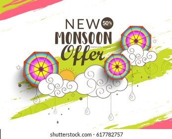 Creative Sale Banner Or Sale Poster Of Monsoon Season With Colorful Line Art Umbrella,Text Space Background.