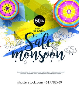 Creative Sale Banner Or Sale Poster Of Monsoon Season With Colorful Line Art Umbrella,Text Space Background.