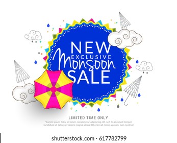 Creative Sale Banner Or Sale Poster Of Monsoon Season With Colorful Line Art Umbrella,Text Space Background.