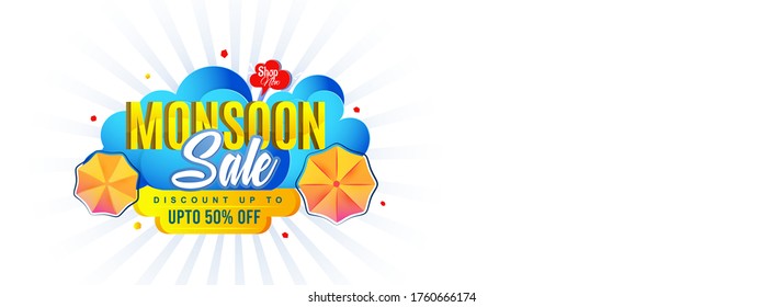 Creative Sale Banner poster with Umbrella over it. Monsoon season raining drops 