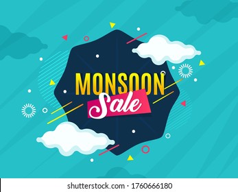 Creative Sale Banner poster with Umbrella over it. Monsoon season raining drops 