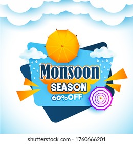 Creative Sale Banner poster with Umbrella over it. Monsoon season raining drops 