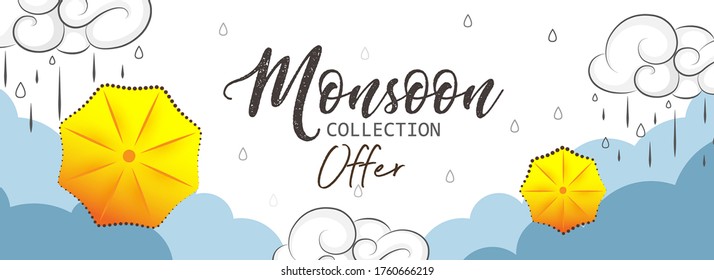 Creative Sale Banner poster with Umbrella over it. Monsoon season raining drops 