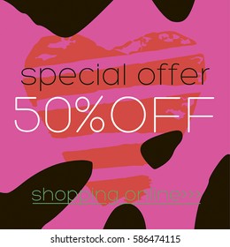 Creative Sale banner. Red vector hand drawn heart. Pink colorful background. Black stroke.