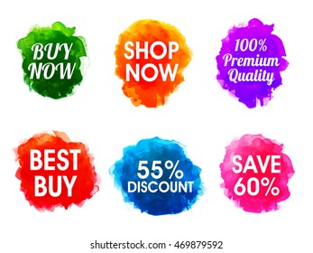 Creative Sale and Discount typographic set with abstract watercolor design on white background.