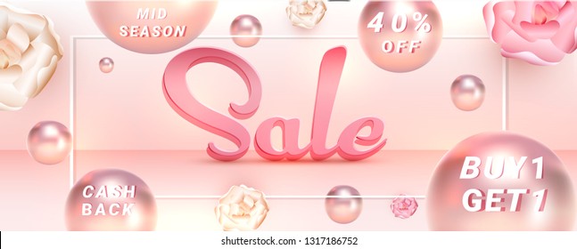 Diseño creativo de cabecera o banner con 40% de descuento y perlas realistas, flores de fondo rosa. 