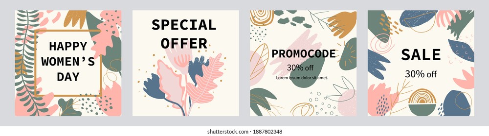 Creative sale header or banner set with discount offer for Happy Women's Day celebration. Suitable for social media posts, mobile apps, banners design and web internet ads. 