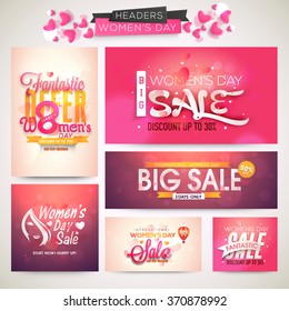 Creative Sale header or banner set with discount offer for Happy Women's Day celebration.