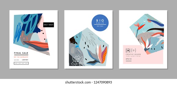Creative Sale headers or banners with discount offer. Art posters. Design for seasonal  clearance. It can be used in advertising, web design, graphic design. 
