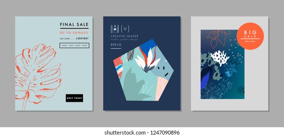 Creative Sale headers or banners with discount offer. Art posters. Design for seasonal  clearance. It can be used in advertising, web design, graphic design. 