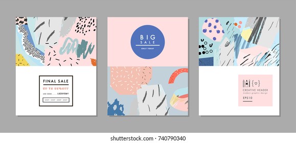 Cabeceras de venta creativa o banners con oferta de descuento. Afiches de arte. Diseño para la limpieza estacional. Se puede utilizar en publicidad, diseño web, diseño gráfico. 