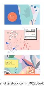 Creative Sale headers or banners with discount offer. Art posters. Design for seasonal  clearance. It can be used in advertising, web design, graphic design. 