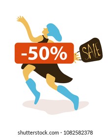 Creative sale offer. 50% off. Women's shopping. Vector illustration.