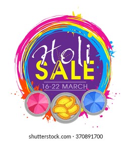 Creative Sale Poster, Banner or Flyer design with dry colours and sweets for Indian Festival, Happy Holi celebration.