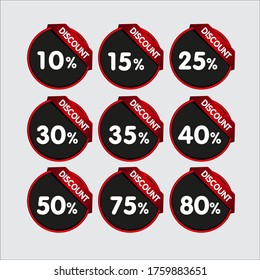 Creative of Sale tags set vector badges template, 10 off, 15 %, 25, 30, 35, 40, 50, 60, 75 percent off label symbols, discount promotion