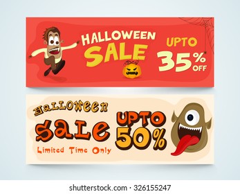Encabezado o banner del sitio web de venta creativa con oferta de descuento para la celebración de la fiesta de Halloween.