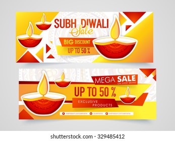 Creative sale website header or banner set with lit lamps for Indian Festival of Lights, Happy Diwali celebration.