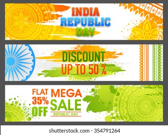 Creative Sale website header or banner set with Flat Discount Offer on occasion of Indian Republic Day.