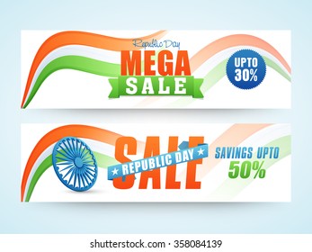 Creative Sale website header or banner set with different discount offers for Happy Indian Republic Day celebration.