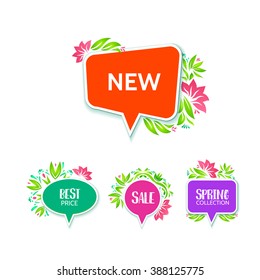 Creative sales, new offer, spring collection best price tags for shopping offers. Label set for business banners, Price tag set with flowers and leaves decor. Spring marks for season coupon, flayers