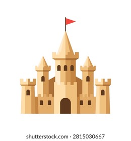 Creative sandcastle construction for summer beach fun. Tan sandcastle featuring five towers with crenelations and a red flag on top in a flat graphic style. Minimalist beach icon. Ideal for summer vacation promos or seaside activity blogs.
