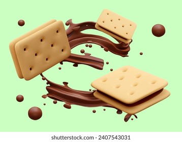 Publicidad creativa de emparedados. arroyos de chocolate y salpicaduras. Ilustración vectorial realista sobre fondo verde. Bollería fresca rellena de crema