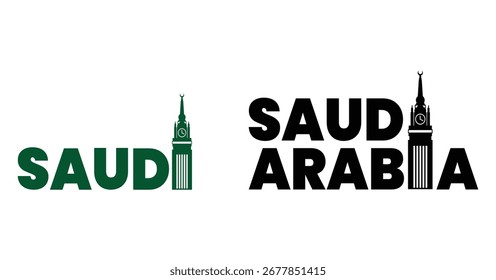 Creative Saudi Arabia typography logo with Makkah clock tower icon modern minimalist branding vector design