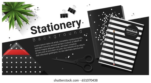 Creative scene with black and white stationery background , vector , illustration