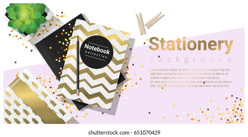 Creative scene with colorful stationery background , vector , illustration
