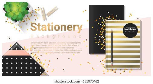Creative scene with colorful stationery background , vector , illustration