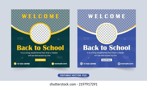 Creative School Admission Social Media Post Design With Abstract Shapes. School Education And Academic Poster Vector With Dark And Blue Colors. College Registration Web Banner Template Vector.