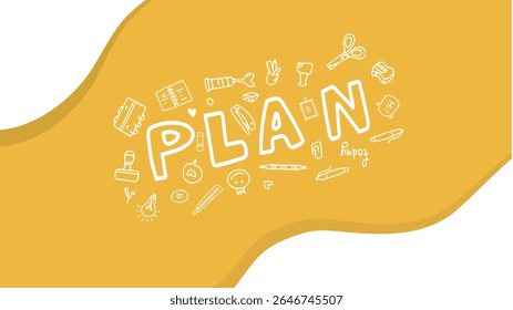 Plano de escola criativa rabiscar estandarte com fundo abstrato amarelo e elementos de estudo ilustração