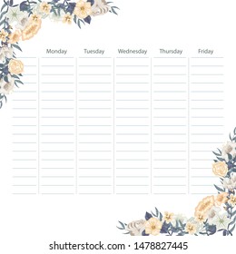 Creative school schedule card with flowers and leaves background