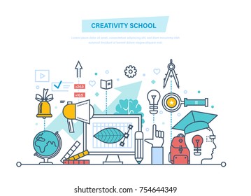 Creative school. Training, distance learning, teaching, education. Creative thinking, smart education. Lessons, trainings at university, school. Illustration thin line design of vector doodles.