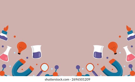 Fundo da ciência criativa mostrando imãs coloridos frascos de lâmpadas e moléculas em fundo marrom ideal para laboratório de educação ou projetos gráficos temáticos de pesquisa