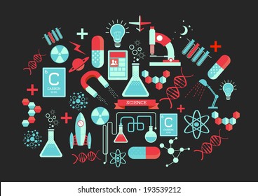 Creative Science Elements. Creative flat vector illustration with various science and chemistry symbols.