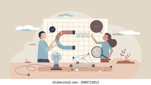 Creative science and experiments with physics laboratory equipment tiny person concept. Research nature phenomena with magnetic and electricity waves vector illustration. Little scientist children.