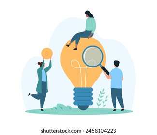 Creative science idea search and discovery, data management. Tiny people look through magnifying glass at big glowing light bulb, research information with inspiration cartoon vector illustration